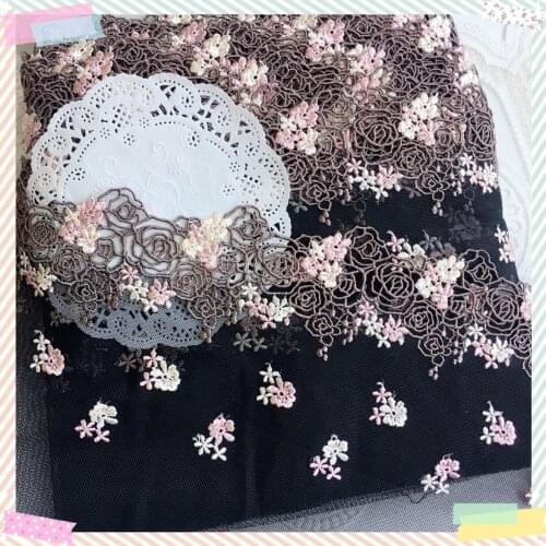 2 Yards Lace Trim Pink Flowers Embroidered Black Tulle Lace 7.48" Doll Dress Underwear Costume DIY Craft Supplies