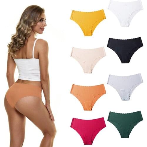 High Quality Womens Seamless Panties Ice Silk Solid Ultra-thin Underwear Womens Sexy Ruffles Briefs Lingerie Underpants 3 Pcs