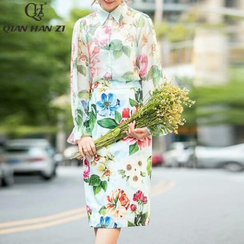 Qian Han Zi designer fashion elegant two piece set womens tops and blouses and flower printed bodycon skirt Suit sets