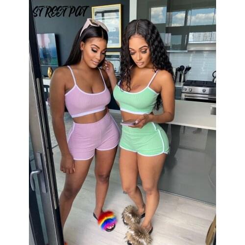 Fitness Ribbed 2 Two Piece Set Women Tracksuit Patchwork Halter Crop Top+Biker Shorts Sets Sport Casual Outfits Summer 2021 New