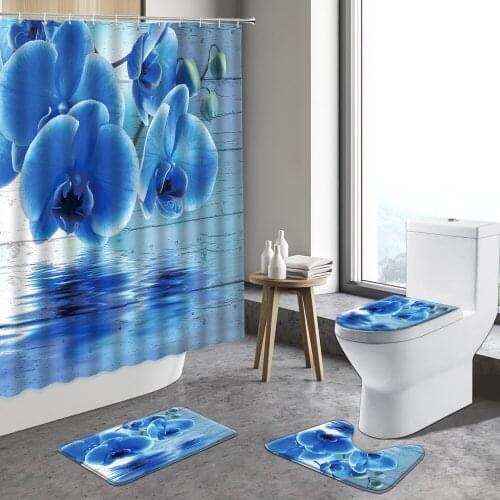 Blue Butterfly Orchid Shower Curtain Water Surface Flowers Rural Tulip Curtains Set Bathroom Carpet Non-slip Toilet Bath Mats