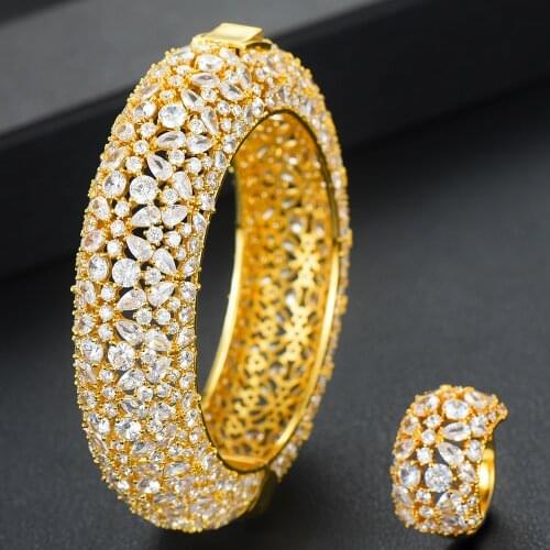 Kellybola Luxury Design Nigerian Dubai Big Bangle Ring Jewelry Sets For Women Zircon Crystal Wedding Bridal Jewelry Sets