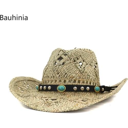 Men Handmake Hollow Cowboy Hat With Punk Rope Women Western Wide Curling Brim Cap Casual Horse Riding Hat