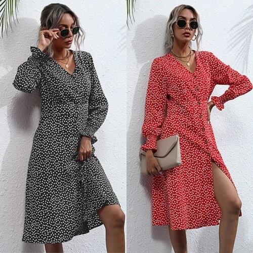 Kili Women Polka Dot Dress Sexy V Neck Split Dress Party Dress Long Sleeve Casual Dress