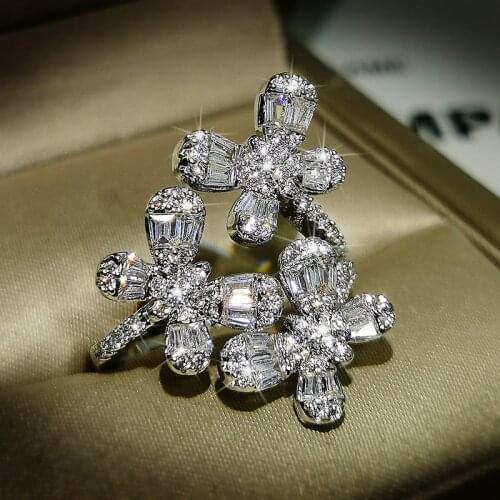 Luxury 925 Silver Adjustable Cute Clover Silver Ring Zircon Fashion Women Wedding Engagement Jewelry Birthday Gift Ring