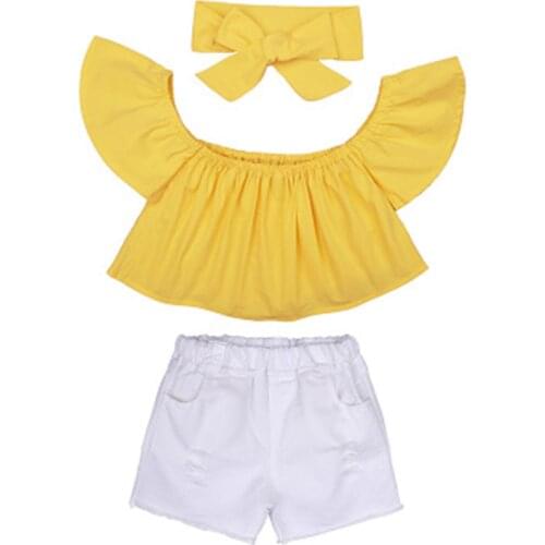 Summer Cloth Set For Girls One Shoulder Shirt Tube Top Short Jeans Pants Headband 3 Pieces Fashion Off Shoulders Suits