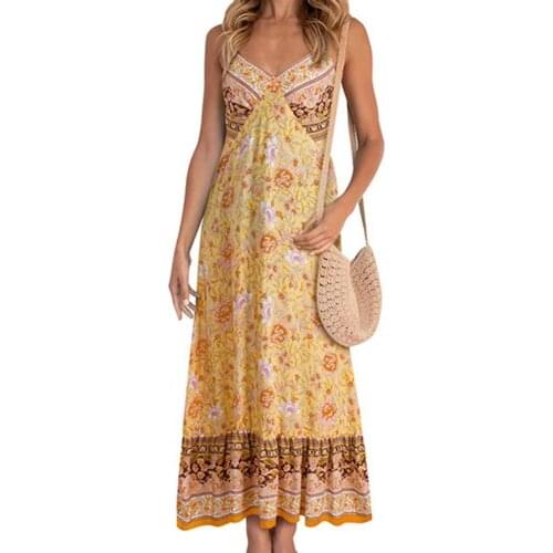 Summer 2021 Women Bohemian Maxi Dress V-Neck Fashion Vintage Sexy Backless Spaghetti Straps Floral Print Dresses Party платье
