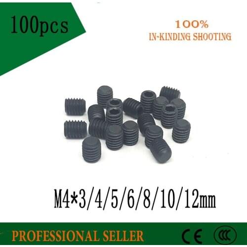 100PC M4*3/4/5/6/8/10/12mm DIN913 Black Carbon Steel Metric Thread Grub Screws Flat Point Hexagon Socket Set Screw Headless Bolt
