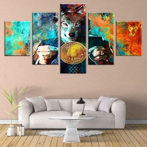 Wall Art Pictures Modular Canvas Home Decor 5 Pieces Mr. Wolf And Bitcoins Painting HD Printed Color Abstract Coin Poster Frame