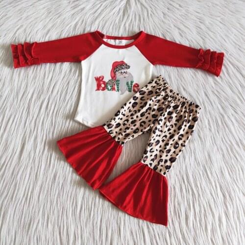 New Arrival Christmas Style Outfits Santa Clause Print Clothing Long Sleeve 2pcs set for Baby Girls
