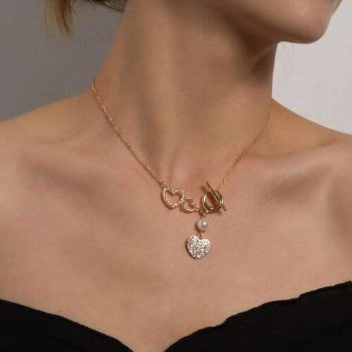 Origin Summer Unique Design Love Heart Pearl Toggle Clasp Pendant Necklace for Women Exquisite Rhinestone Jewelry Accessories