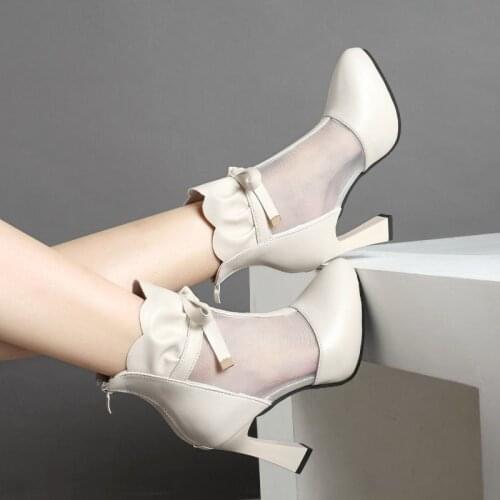 Short Boots Woman 2021,High Heels Mesh Platforms Shoes,Square Summer Heels Sandals,Hollow out,Female Footware,BEIGE,Dropshipping