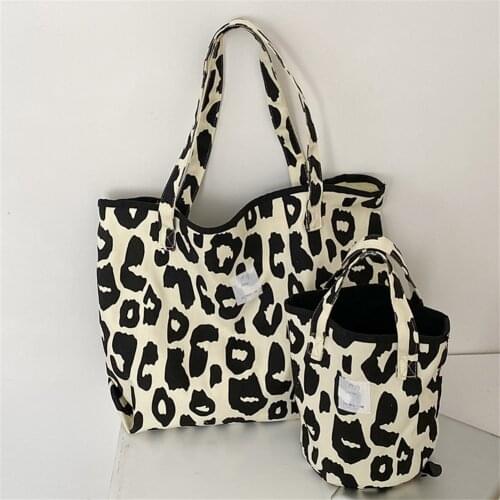 Women Casual Canvas Tote Bag Black Leopard Handbag Fashion Pink Shoulder Bags Large Capacity Shopping Bags