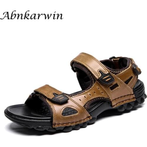Genuine Leather Hook & Loop Flat Mens Sandals Summer Beach Sandalias Hombre Sandles Man Sandal Sandale Homme Cuir Open Shoes Men