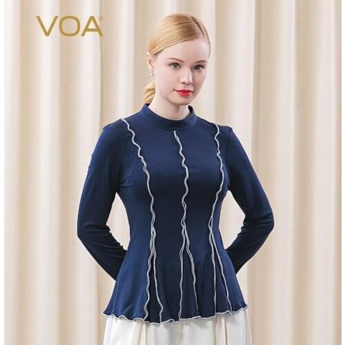 VOA Silk 33m/m Knit Woman Tshirts Half-high Collar Long Sleeve Tops Contrast Stripe Stereo Wood Ear Stitching Slim T-shirt BE500