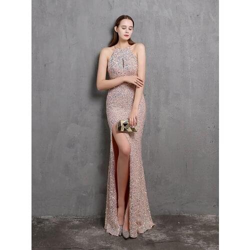 XUCTHHC Halter Neck Sexy High Slite Cocktail Dress Sleeveless Shinning Sequins Party Dresses Slim Lady Formal Prom Gowns 2021