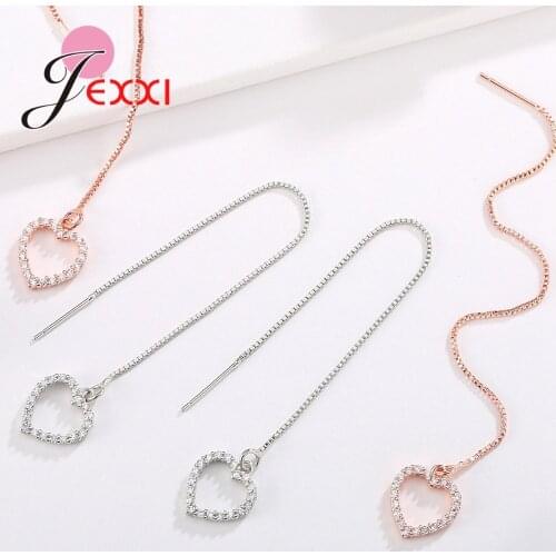Orignial 925 Sterling Silver Women Box Chain Thread Earrings Shining Austrian Crystal Paved Heart Circle Star Jewelry 2 Colors