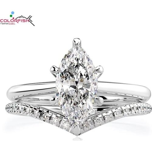 COLORFISH Marquise Cut 1 carat Engagement Ring Set Genuine 925 Sterling Silver Sona Simulated Diamond Bridal Women Ring Set