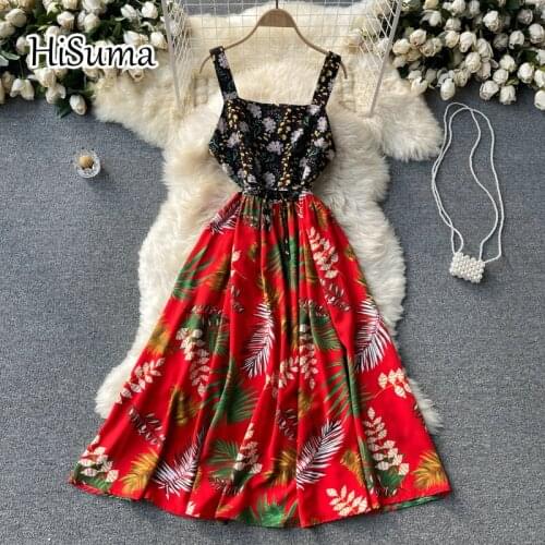 2021 summer new women sling square collar flower print chiffon A-line dress female Chic elegant lace-up waist beach dresses