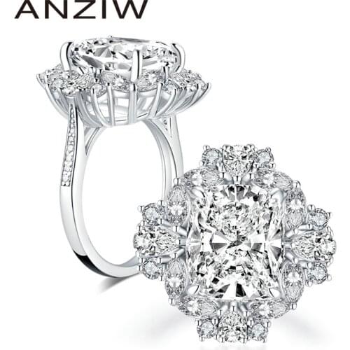 ANZIW Luxury 925 Sterling Silver 6.0 Carat Big Cushion Cut Halo Engagement Ring Simulated Diamond Wedding 10x12mm Silver Ring