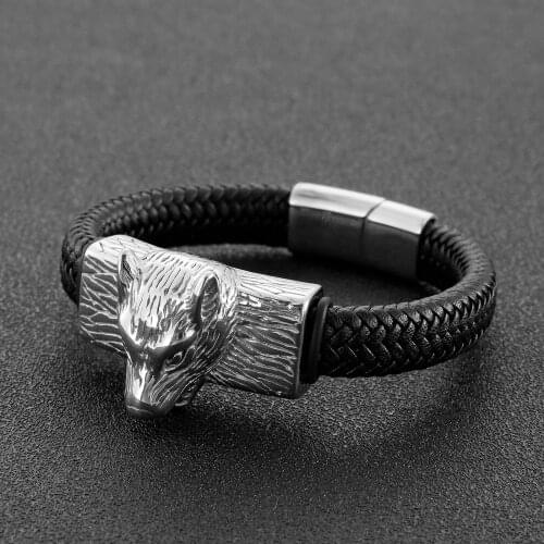 HaoYi Punk Mens Leather Bracelet Four-color Stainless Steel Wolf Head Retro Domineering Wristband Party Jewelry