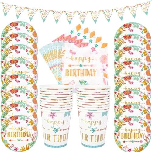 Happy Birthday Party Disposable Tableware Sets Leaf Paper Plate Cups Napkins For Baby Shower Kids 1st Birthday Decoration Banner