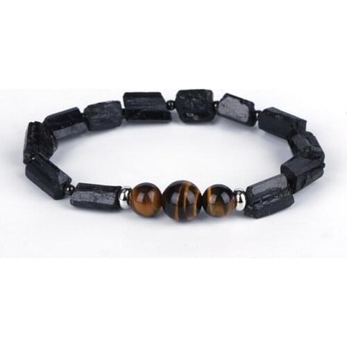 Natutal Raw Rough Black Tourmaline Brown Tiger Eye Bead Charms Unisex Bracelet Healing Energy Bracelet For Man Women
