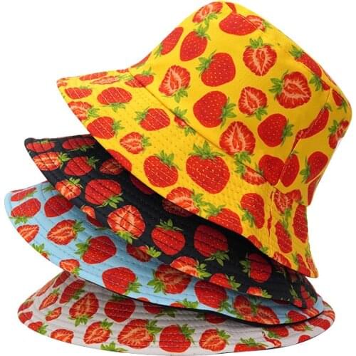 2021 Fruit Fisherman Hat Female Mens Printed Strawberry Cherry Hat Outdoor Leisure Bucket Hat Sunscreen Female Sun Hat