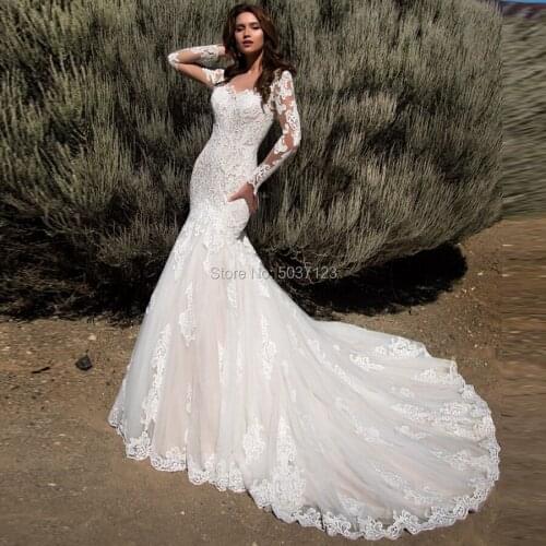 Mermaid Wedding Dresses Lace Appliques Long Sleeves Sweetheart Button Court Train Illusion Wedding Bridal Gown Vestido De Noiva