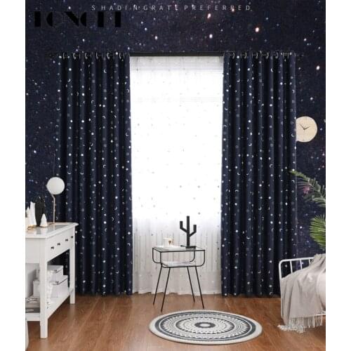 TONGDI Children Blackout Curtain Cartoon Cute Night Sky Lovely Kawaii Silver Star Moon Decor For Parlour Bedroom LivingRoom