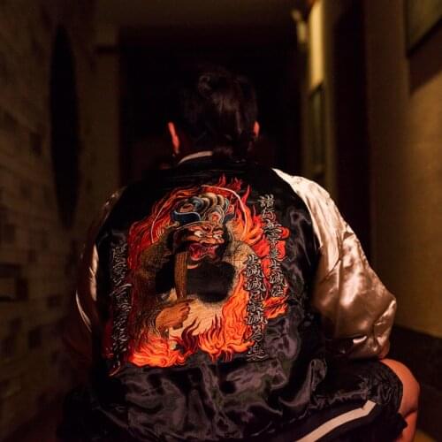 Yokosuka Reversible double-sided king of hell Yama Skull Splicing Embroidery Heavy Work Jackets Coats All-Match High Street New