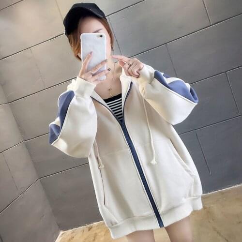 Women Hooded Stitching Zipper Harajuku Plus Fleece Jacket With Hat Ladies Thick Autumn Winter Leisure Loose Large Size Tops 2XL