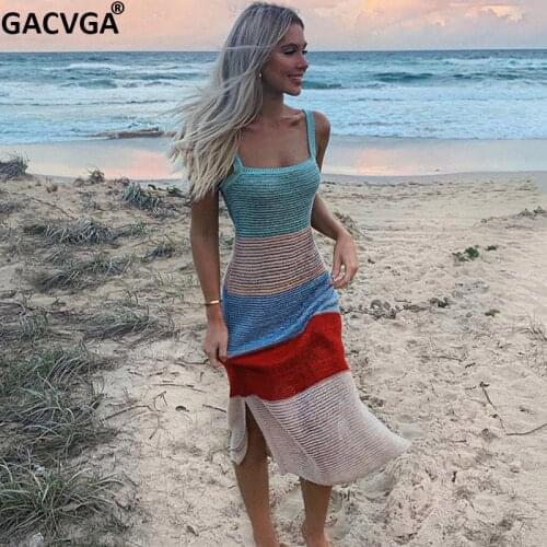 GACVGA 2021 Striped Knit Sexy Summer Bodycon Dress Holiday Women Backless Hollow Out Sleeveless Tank Beach Party Long Dresses