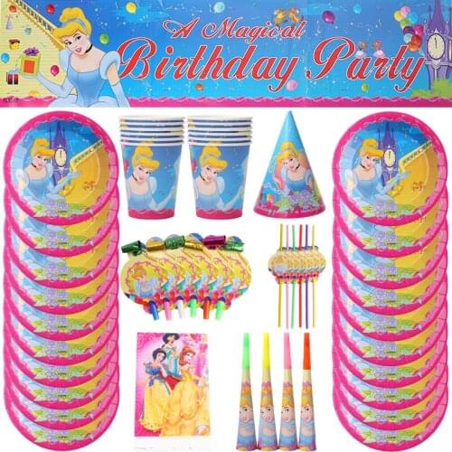 Cinderella Six Princess Cartoon Theme Party Disposable tableware Set Paper cups plates Girls Birthday Party Decor Kids Gifts
