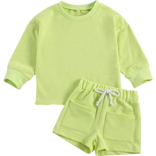 2 PCS Little Boy Girls Clothes Set Solid Color Long Sleeve Round Neck Top + Drawstring Short Pants with Pocket 1-6T