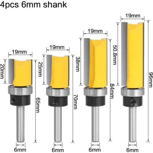 4pcs 6mm 1/4inch Shank Flush Trim Router Bit Pattern Bit Top Bottom Bearing 3/4" Blade Template Wood Milling Cutter Carpenter