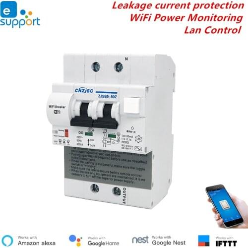 EWelink 2P RCBO WiFi Circuit Breaker Energy Monitoring Shortcut Leakage Protection Smart Circuit Breaker Alexa IFTTT Compatible