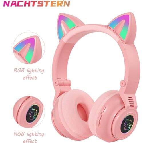 Cute RGB Kitten wireless Headsets Bluetooth 5.0 Bass Noise Cancellation Adult Child Girl Headset Support TF Card Helmet with Mic