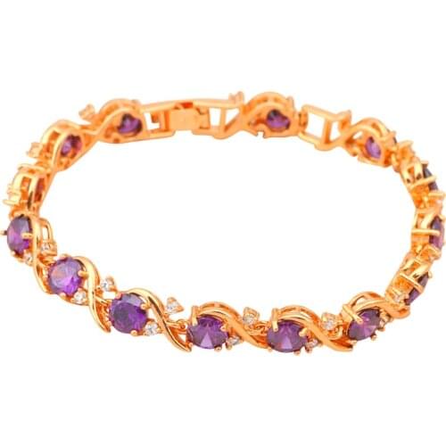 ROLILASON brand elegant style Purple Crystal Zircon Golden Bracelets Health Nickel Lead free Fashion jewelry TB066