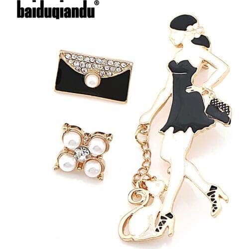 Baiduqiandu Brand Factory Direct Sale Set of 3 Pieces Simulated Pearls and Enameled Handbag Cat Lady Brooch Lapel Pins