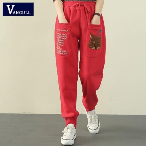 Vangull Winter Plus Velvet Women Pants Fashion Cat Cartoon High Waist Sweatpants Trousers Elastic Waist Sports Lady Harem Pants