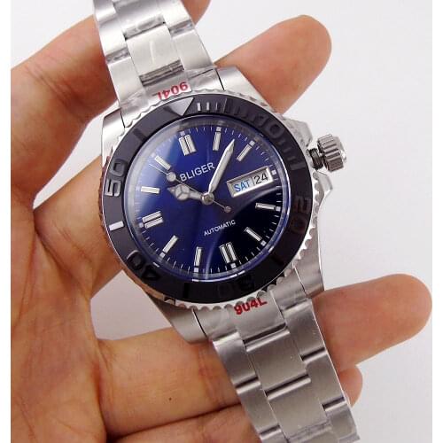 Sapphire Mens Automatic Watch Japan NH36 Movement Day/Date Display Blue 316L Oyster Band Glide Lock Ceramic Rotating Bezel