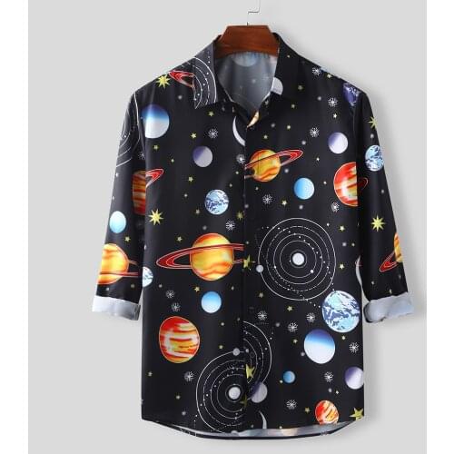 Mens Lapel Planet Holiday Print Geometric Shirt Mens Ethnic Style Hawaiian Loose Slim Long Sleeve Dress Shirt Blouse Tops F4