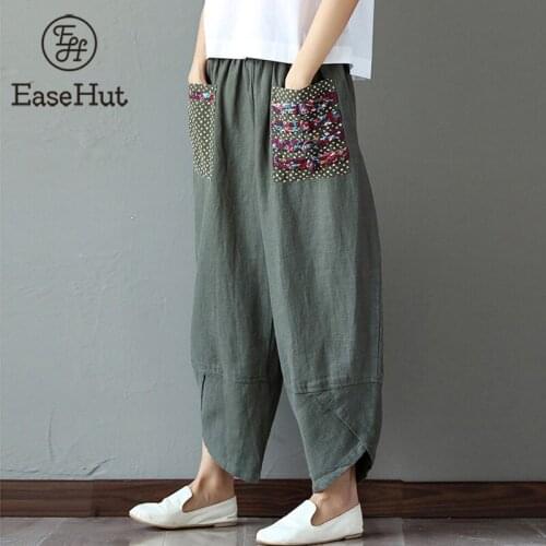 EaseHut Ethnic Women Wide Leg Pants 2020 New Fashion Elastic High Waist Pockets Baggy Cotton Linen Lantern Harem Trousers Summer