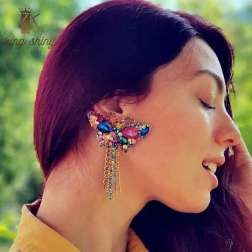 Exaggerated Colorful Crystal Butterfly Design Dangle Earrings Elgant Rhinestone Tassel Earrings Girls Party Jewelry Accessories