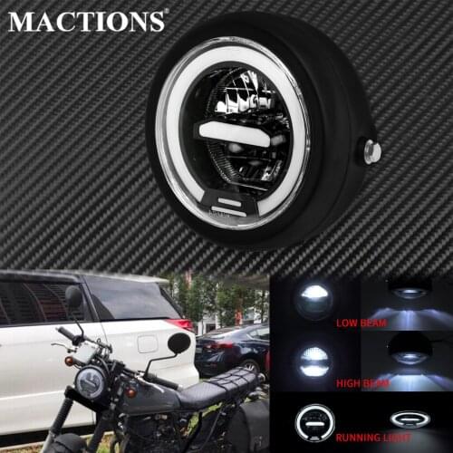 Motorcycle Retro Black LED Headlamp Running High Low Beam Lamp Headlight Metal W/Angel Eyes Light For Harley Cafe Racer Dyna