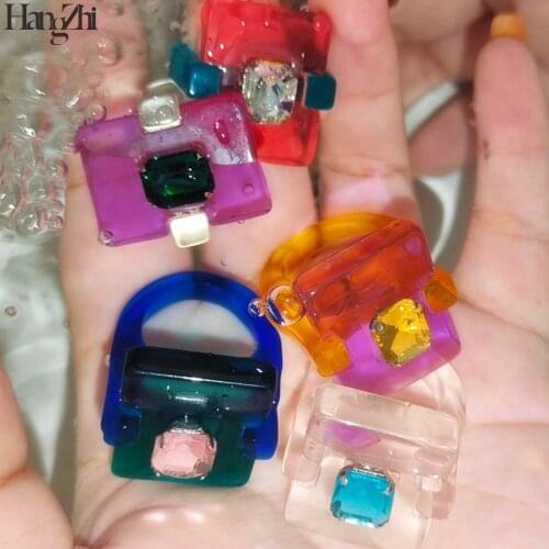 HangZhi 2021 New Colorful Transparent Acrylic Rhinestone Geometric Square Hyperbole Resin Ring for Women Girls Summer Jewelry