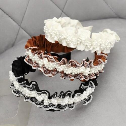Imitation Pearl Lace Folds Webbing Headband For Women Girls White Black Wide-Sided Fashion Simplicity Head Wrap Accessories
