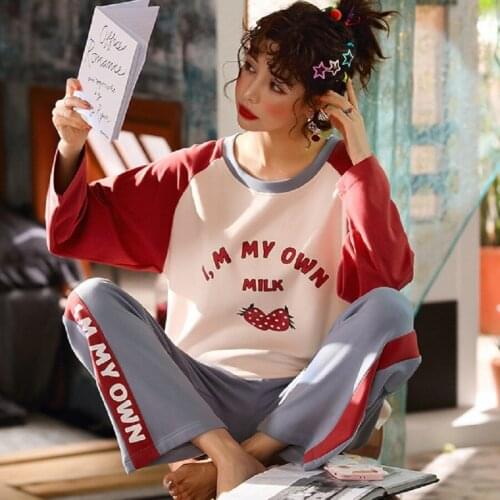 Sweet Girl Cotton Women Pajamas Set Spring Cute Fruit Print Long Sleeve Home Clothes Plus Size Nightgowns Female