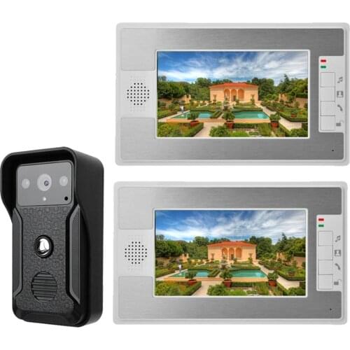 Mountainone 4 wires 7" Color TFT Video Doorbell Intercoms Kit 1 IR Camera with Night Vision 2 Monitors One to Two Door Phone